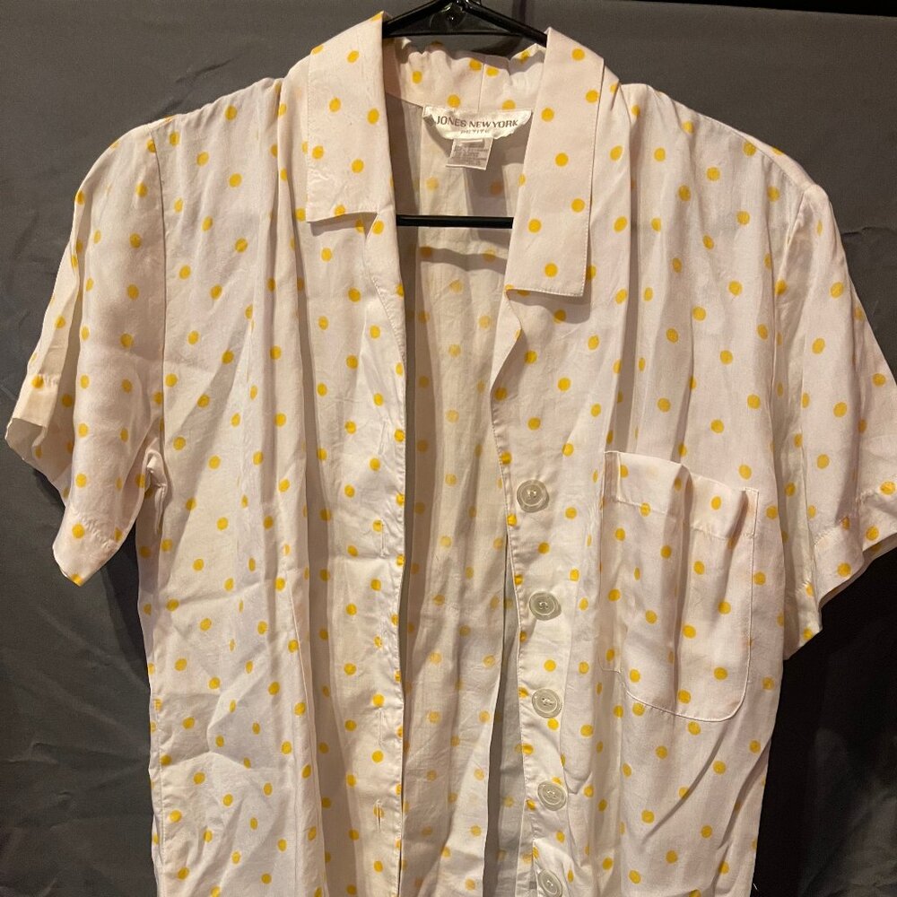 Womens Jones New York Button-Up Blouse, White with Yellow Polka-Dots